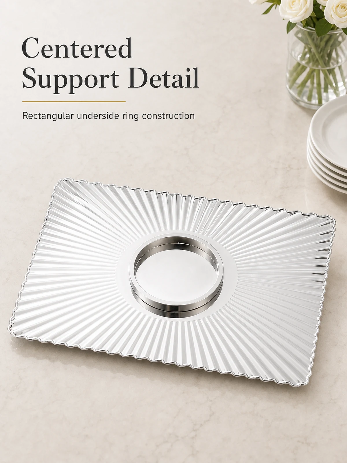 Centered underside support ring detail on rectangular ribbed tray